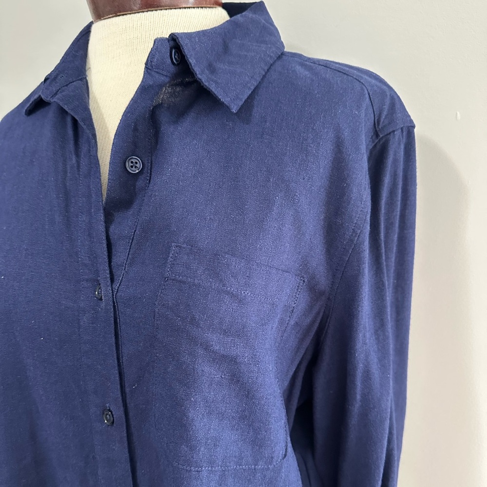 Jones New York Navy Linen Button-Up Shirt with Chest Pocket